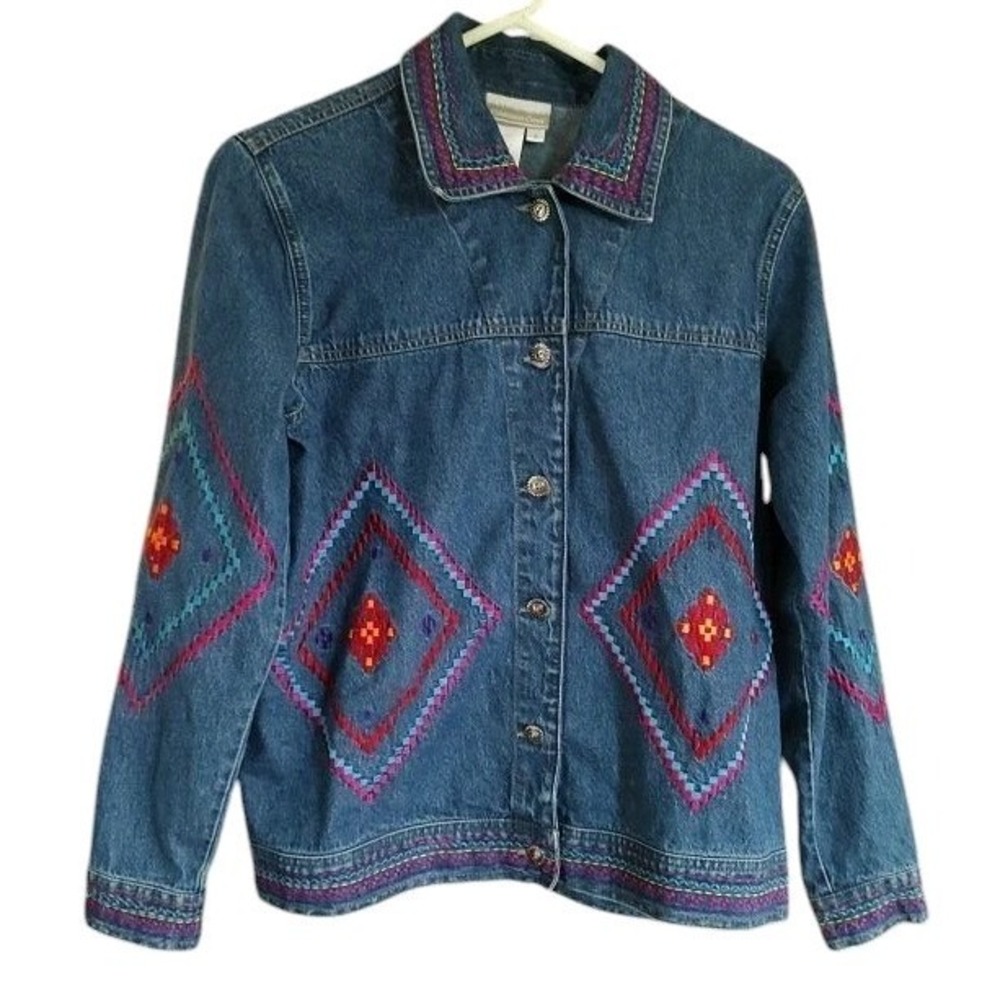 Coldwater Creek Embroidered Aztec Southwestern Denim Jacket Womens Small SEE